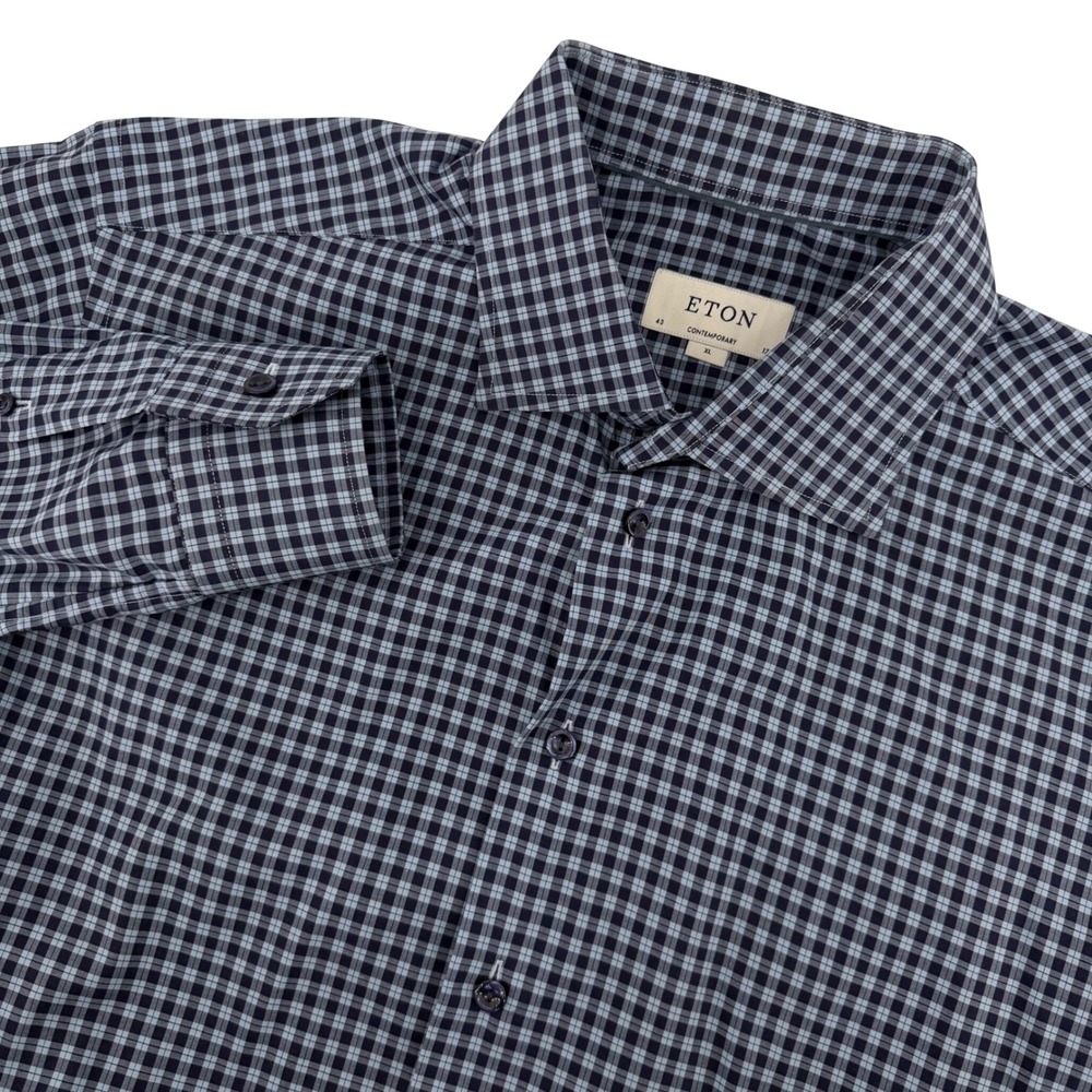 Eton Contemporary Fit Blue Micro Check Cotton Dress Shirt XL Mens